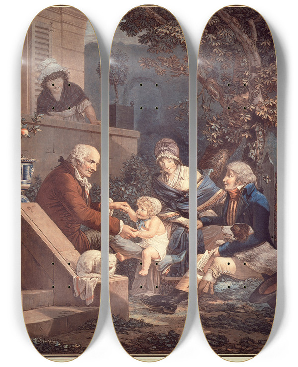 Triptych art skateboard deck of Philibertlouis Debucourt Les Plaisirs Paternels by Philibert-Louis Debucourt (1755-1832)