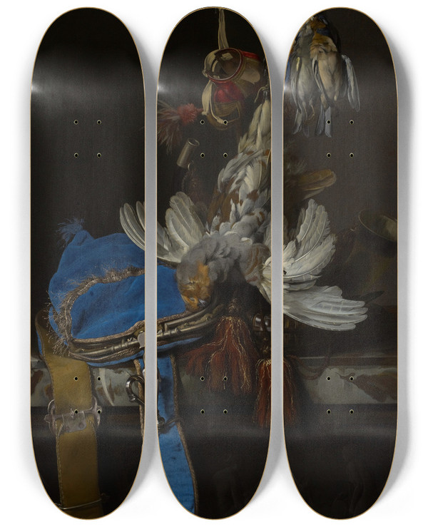 Triptych art skateboard deck of Willem Van Aelst Hunt Still Life With A Velvet Bag On A Marble Ledge by Willem van Aelst (1627-1683)