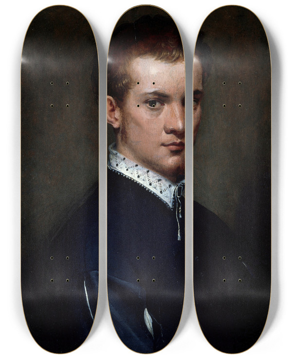 Triptych art skateboard deck of Francesco De Rossi Portrait Of A Young Man by Francesco de' Rossi (1510-1563)