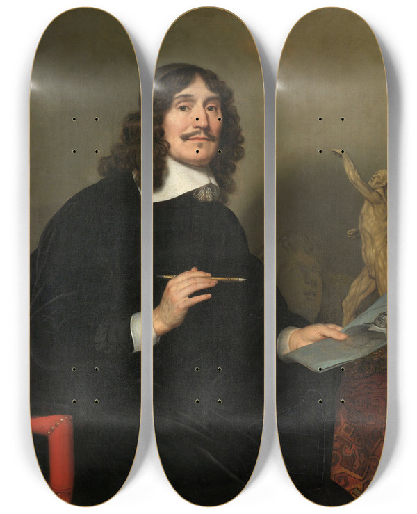 Triptych art skateboard deck of Gerard Van Honthorst Portrait Of An Artist by Gerard Van Honthorst (1592-1656)