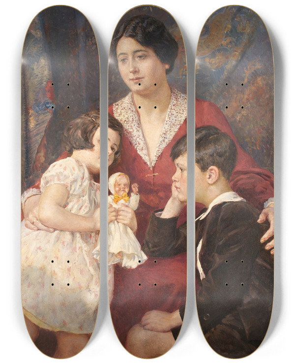 Triptych art skateboard deck of Josef Engelhart Frau Hirsch Mit Ihren Kindern by Josef Engelhart (1864-1941)