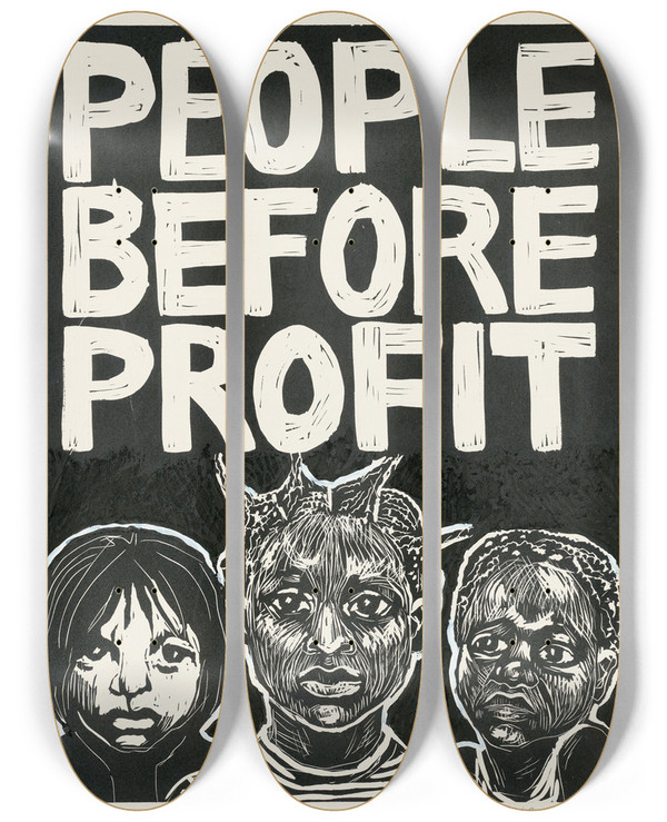 Triptych art skateboard deck of Rachael Romero People Before Profit by Rachael Romero (1953)