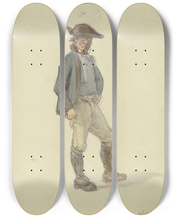 Triptych art skateboard deck of Jakob Frchtegott Dielmann Stehender Bauer Nach Rechts by Jakob Furchtegott Dielmann (1809-1885)