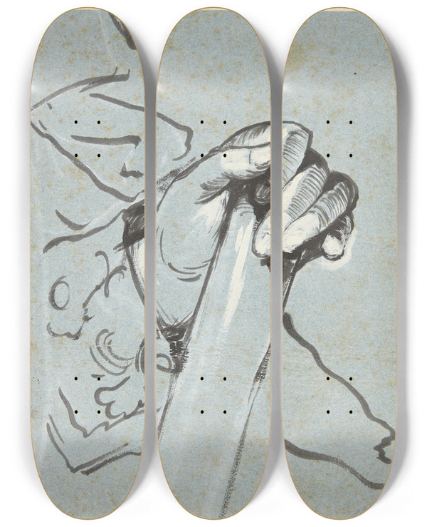 Triptych art skateboard deck of Carl Gustaf Pilo Studie Af En Hnd by Carl Gustaf Pilo (1711-1793)