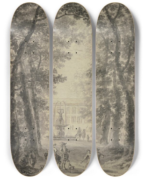 Triptych art skateboard deck of Jan Hackaert Parkanlage Mit Schlo Und Springbrunnen Vorne Zwei Reiter Und Einige Andere Figuren by Jan Hackaert (1629-1700)