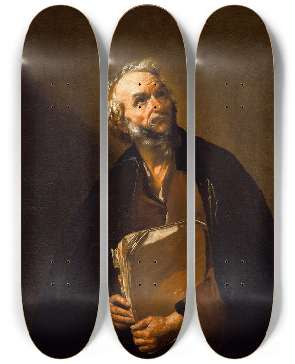 Triptych art skateboard deck of Jusepe De Ribera A Philosopher_1 by Jusepe de Ribera (1591-1652)
