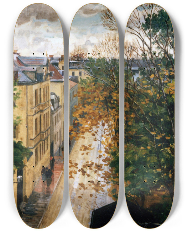 Triptych art skateboard deck of Charles Vetter Die Kaulbachstrae In Mnchen Nach Dem Gewitter by Charles Vetter (1858-1936)