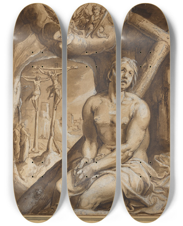Triptych art skateboard deck of Karel Van Mander The Good Thief by Karel Van Mander (1548-1606)