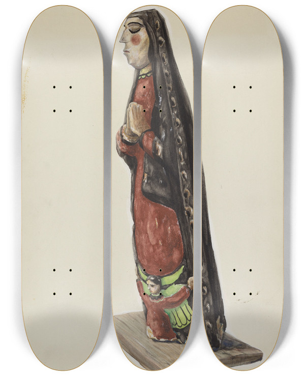 Triptych art skateboard deck of Majel G Claflin Our Lady Of Guadalupe Bulto by Majel G Claflin (1893-1941)