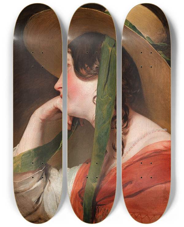 Triptych art skateboard deck of Friedrich Von Amerling Mdchen Mit Strohhut by Friedrich Von Amerling (1803-1887)