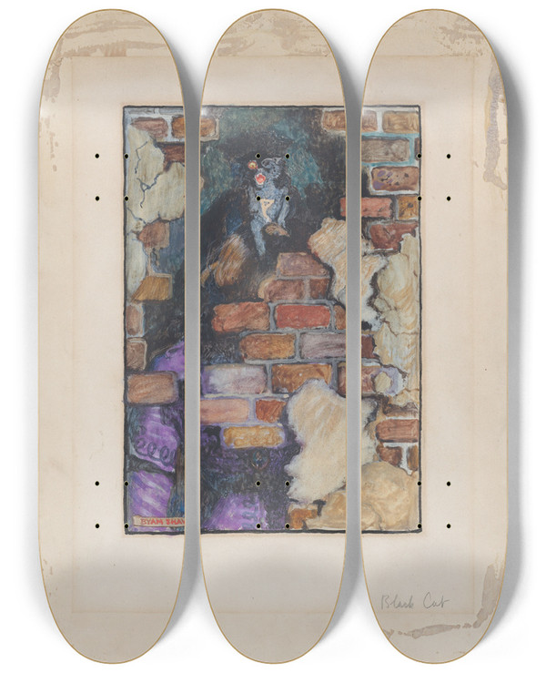 Triptych art skateboard deck of Byam Shaw The Black Cat For Edgar Allan Poes Selected Tales Of Mystery 1909 by Byam Shaw (1872-1919)