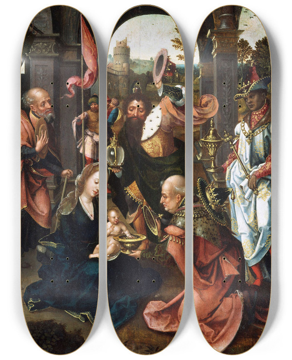 Triptych art skateboard deck of Master Of 1518 Adoration Of The Magi by Master Of 1518