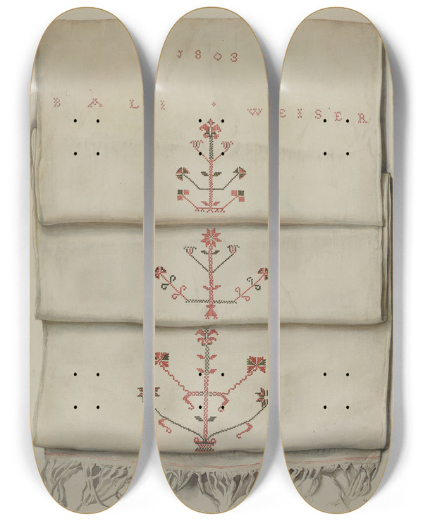 Triptych art skateboard deck of Frances Lichten Pa German Embroidered Towel by Frances Lichten (1889-1961)