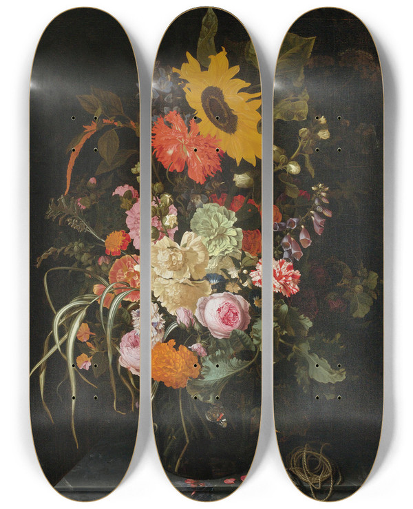 Triptych art skateboard deck of Maria Van Oosterwijck Still Life Of Roses Carnations Marigolds And Other Flowers With A Sunflower And Striped Grass by Maria Van Oosterwijck (1630-1693)