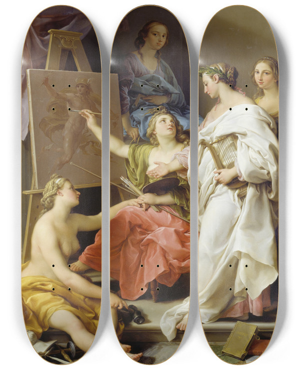 Triptych art skateboard deck of Pompeo Batoni Allegory Of The Arts by Pompeo Batoni (1708-1787)