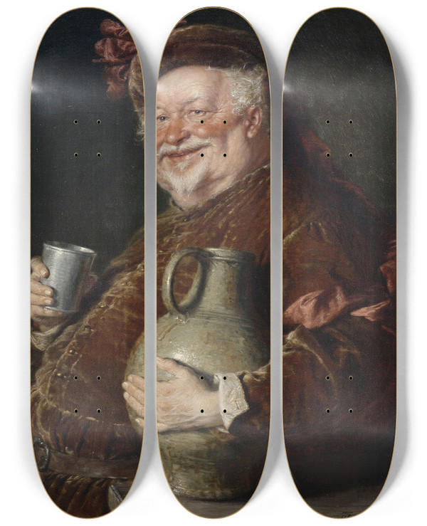 Triptych art skateboard deck of Eduard Von Grtzner Falstaff At The Table With A Wine Jug And Pewter Cup by Eduard Von Grutzner (1848-1925)