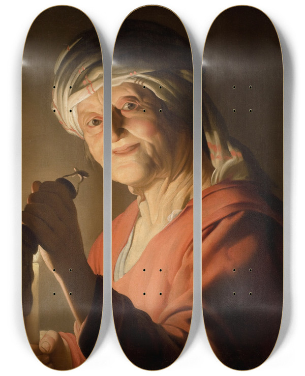 Triptych art skateboard deck of Gerard Van Honthorst An Old Woman by Gerard Van Honthorst (1592-1656)