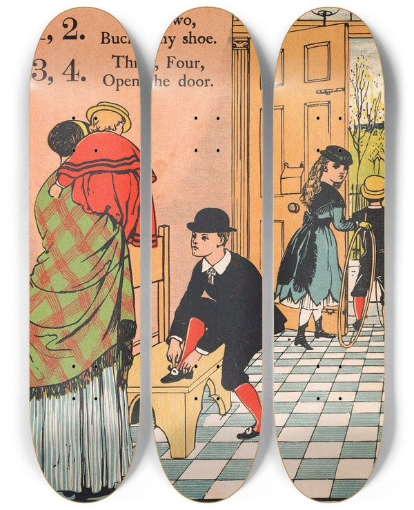 Triptych art skateboard deck of Walter Crane 1 2 Buckle My Shoe Pl 1 by Walter Crane (1845-1915)