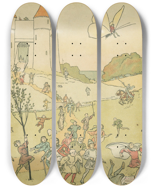 Triptych art skateboard deck of Leonard Leslie Brooke Tom Thumb Hitches A Ride On A Butterfly by Leonard Leslie Brooke (1862-1940)