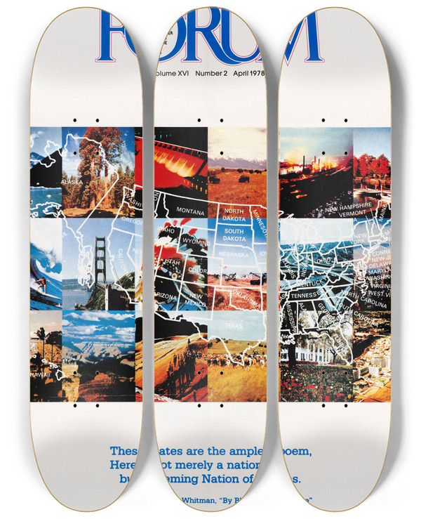 Triptych art skateboard deck of Us Information Agency Forum Volume Xvi No2 April 1978 by U S Information Agency (1953-1999)