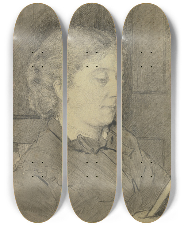 Triptych art skateboard deck of Otto Scholderer Luise Scholderer Lesend Mit Katze_2 by Otto Scholderer (1834-1902)