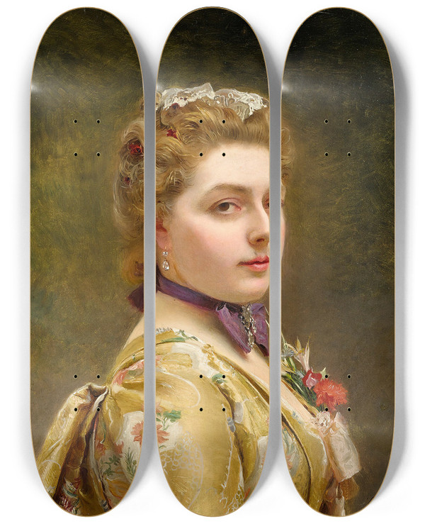 Triptych art skateboard deck of Gustave Jean Jacquet A Lady In A Golden Gown by Gustave Jean Jacquet (1846-1909)