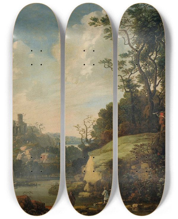 Triptych art skateboard deck of Abraham Bloemaert Hilly Landscape With Figures By A River by Abraham Bloemaert (1564-1651)