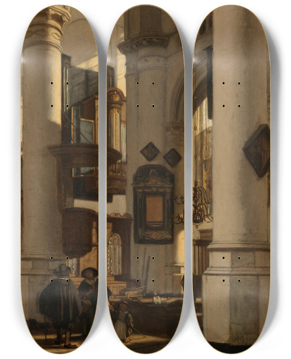 Triptych art skateboard deck of Emanuel De Witte Interior Of A Protestant Gothic Church With A Gravedigger In The Choir by Emanuel de Witte (1617-1692)