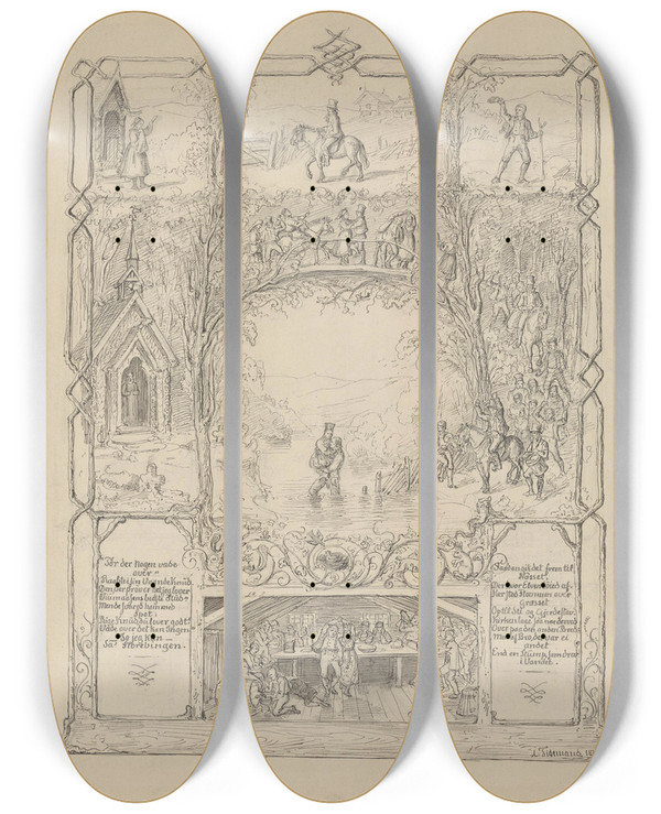 Triptych art skateboard deck of Adolph Tidemand Raad For Uraad by Adolph Tidemand (1814-1876)