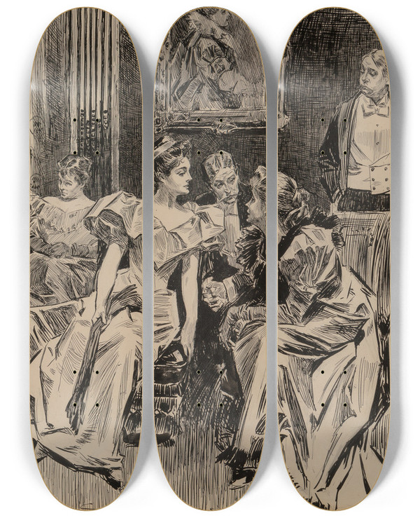 Triptych art skateboard deck of Charles Dana Gibson A Social Gathering by Charles Dana Gibson (1867-1944)