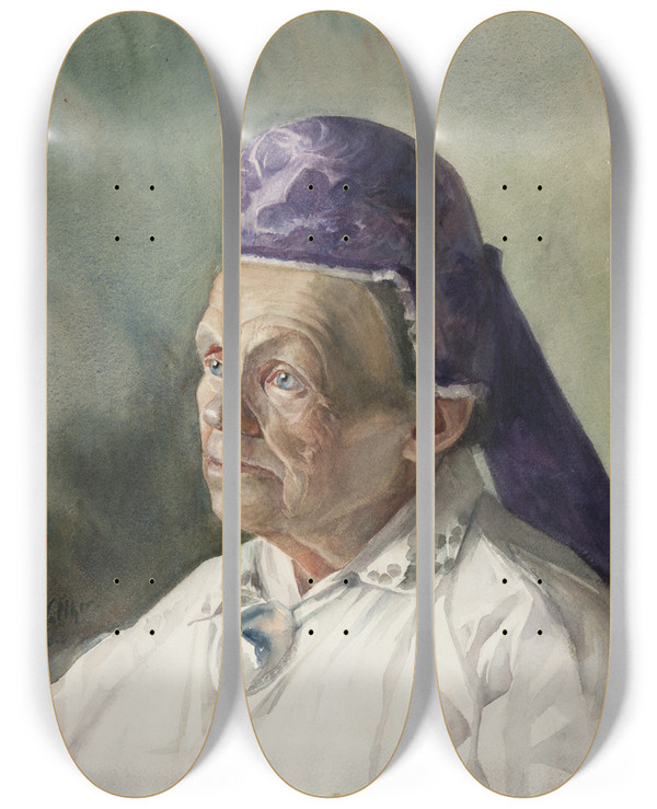 Triptych art skateboard deck of Konrad Mgi Naise Portree Tanuga by Konrad Magi (1878-1925)