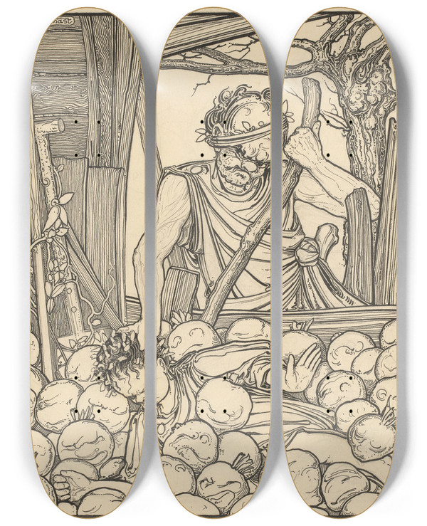 Triptych art skateboard deck of Willem Pothast Meisje In Een Bak Met Knollen by Willem Pothast (1877-1916)