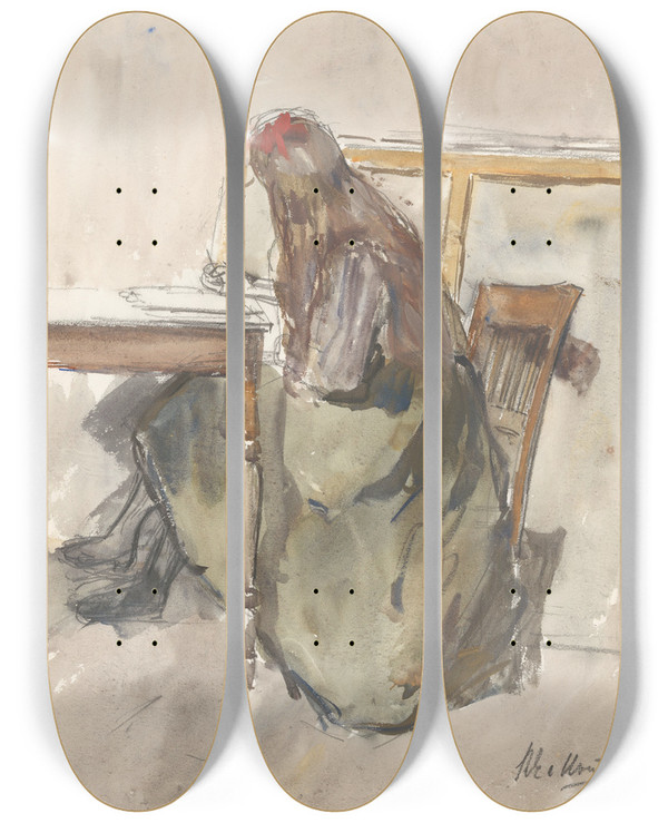 Triptych art skateboard deck of Barbara Elisabeth Van Houten Studie Van Een Meisje Zittend Aan Een Tafel by Barbara Elisabeth Van Houten (1863-1950)