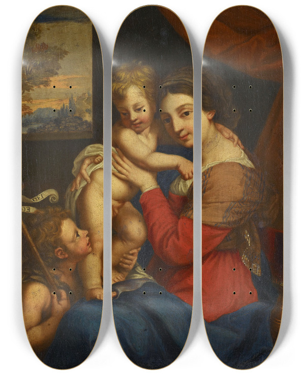 Triptych art skateboard deck of Carlo Cignani Virgin With Child And With Saint John The Baptist As Child by Carlo Cignani (1628-1719)