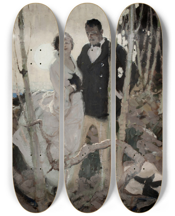 Triptych art skateboard deck of Dean Cornwell Moonlit Couple by Dean Cornwell (1892-1960)