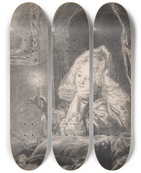 Triptych art skateboard deck of Godfried Schalcken Young Woman Seated At A Table Holding A Candle Late by Godfried Schalcken (1643-1706)