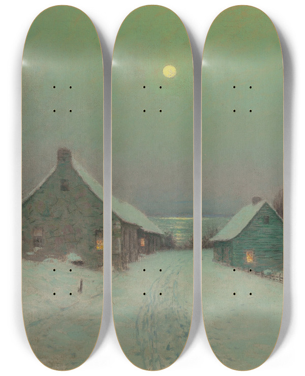Triptych art skateboard deck of Birge Harrison Christmas Eve by Birge Harrison (1854-1929)