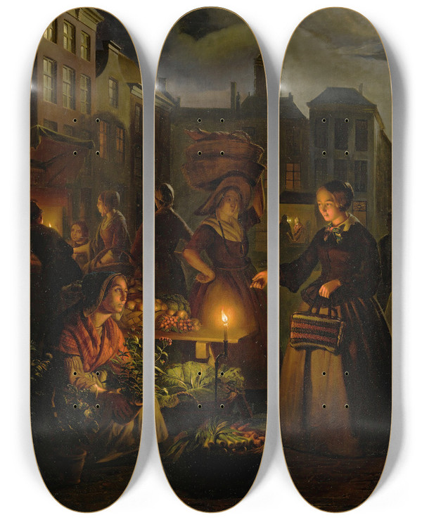 Triptych art skateboard deck of Petrus Van Schendel A Moonlit Vegetable Market On De Grote Markt The Hague by Petrus Van Schendel (1806-1870)