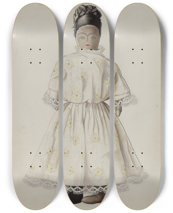 Triptych art skateboard deck of Bertha Semple Doll by Bertha Semple