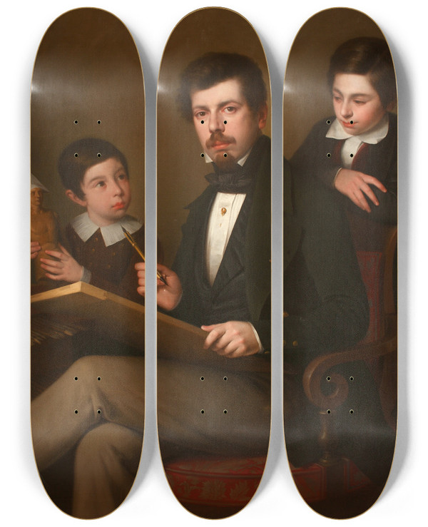 Triptych art skateboard deck of Antonio Mara Esquivel Selfportrait With His Sons Carlos And Vicente by Antonio Maria Esquivel (1806-1857)