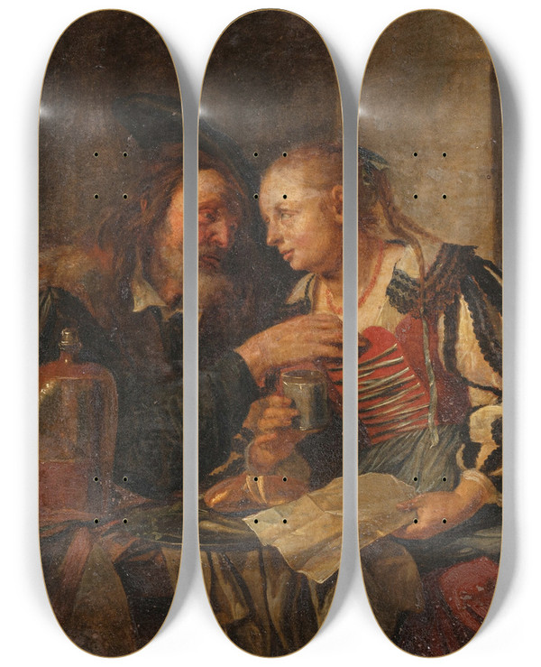 Triptych art skateboard deck of Jacob Toorenvliet Inequal Love by Jacob Toorenvliet (1640-1719)