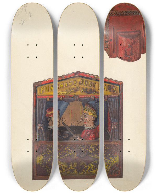 Triptych art skateboard deck of Alf Bruseth Punch And Judy Bank by Alf Bruseth