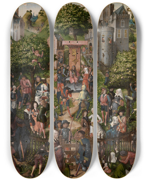 Triptych art skateboard deck of Master Of Frankfurt Festival Of The Archers by Master Of Frankfurt (1460-1533)
