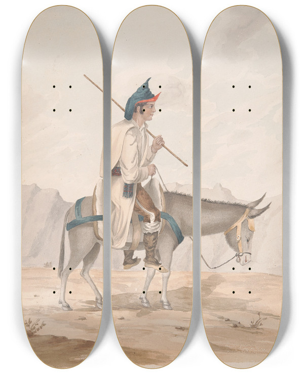Triptych art skateboard deck of Alfred Diston Grand Canaryman On A Donkey by Alfred Diston (1793-1861)