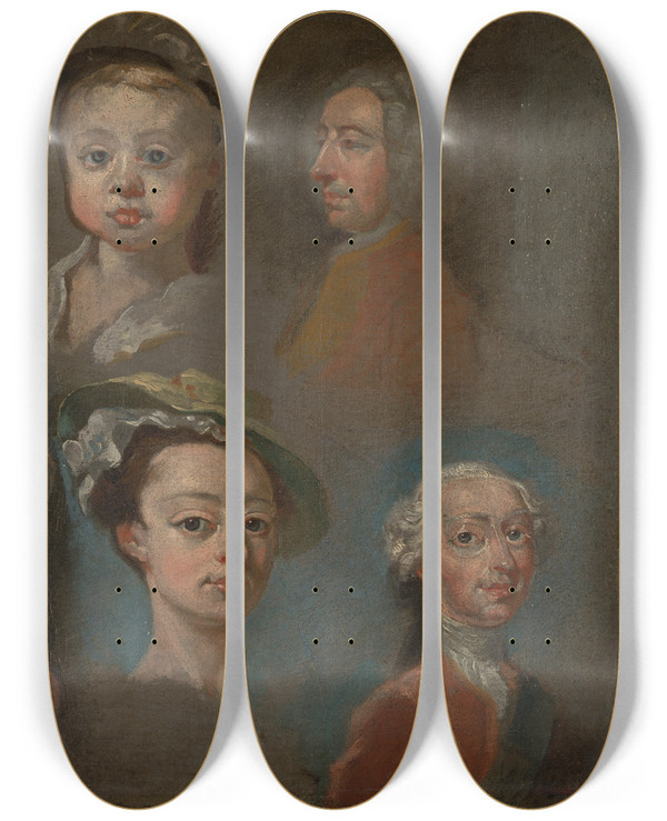 Triptych art skateboard deck of William Hogarth Studies Of Heads by William Hogarth (1697-1764)