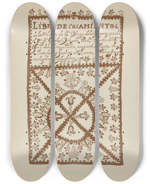 Triptych art skateboard deck of American 20Th Century Plate 1 Jemez Book Of Marriages From Portfolio Spanish Colonial Designs Of New Mexico_1 by American 20Th Century