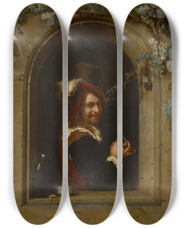 Triptych art skateboard deck of Frans Van Mieris The Elder Man With Pipe At The Window by Frans Van Mieris The Elder (1635-1681)