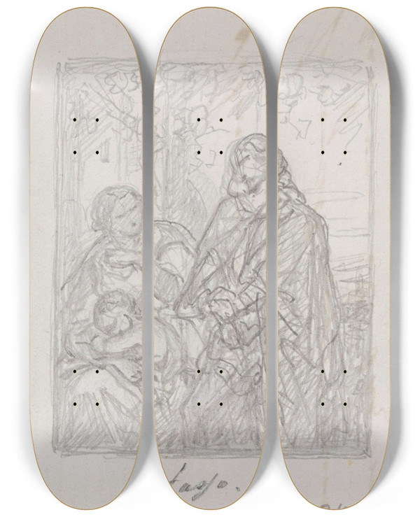 Triptych art skateboard deck of Nicaise De Keyser Torquato Tasso Dressed As A Sheperd Visits His Sister Cornelia In Sorrento_2 by Nicaise De Keyser (1813-1887)