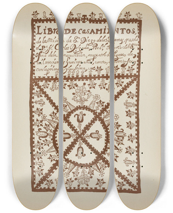 Triptych art skateboard deck of American 20Th Century Plate 1 Jemez Book Of Marriages From Portfolio Spanish Colonial Designs Of New Mexico_3 by American 20Th Century