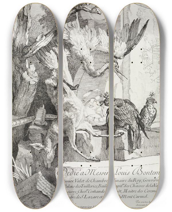 Triptych art skateboard deck of Jeanbaptiste Oudry Jagdstilleben by Jean-Baptiste Oudry (1686-1755)
